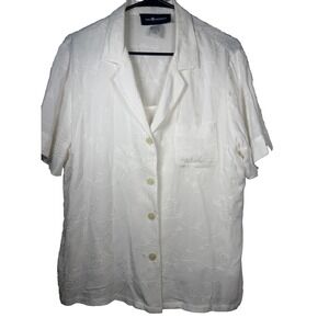 White Floral Embroidered Sag Harbor Women's Medium Rayon Blouse Button‎ Front